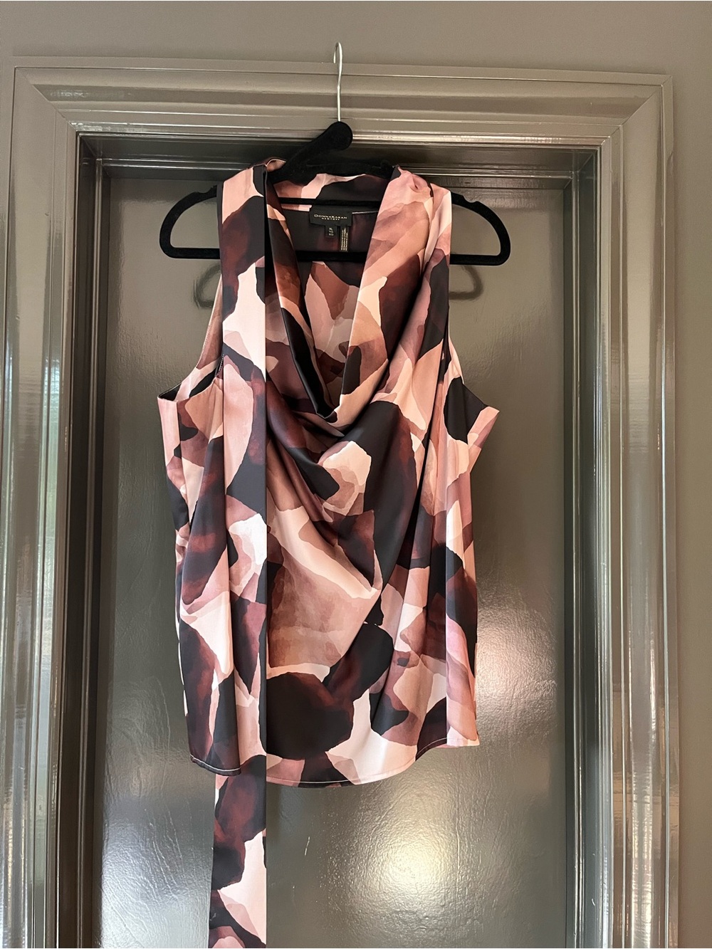 Donna Karan Sleeveless Cowl Neck Blouse in Pink & Brown Abstract Print